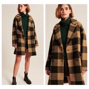 Abercrombie & Fitch Wool Blend Plaid Coat XS Black Brown Oversized Pea Coat